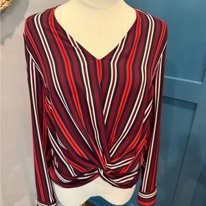Express Red and Black Wrap Blouse with V-Neck